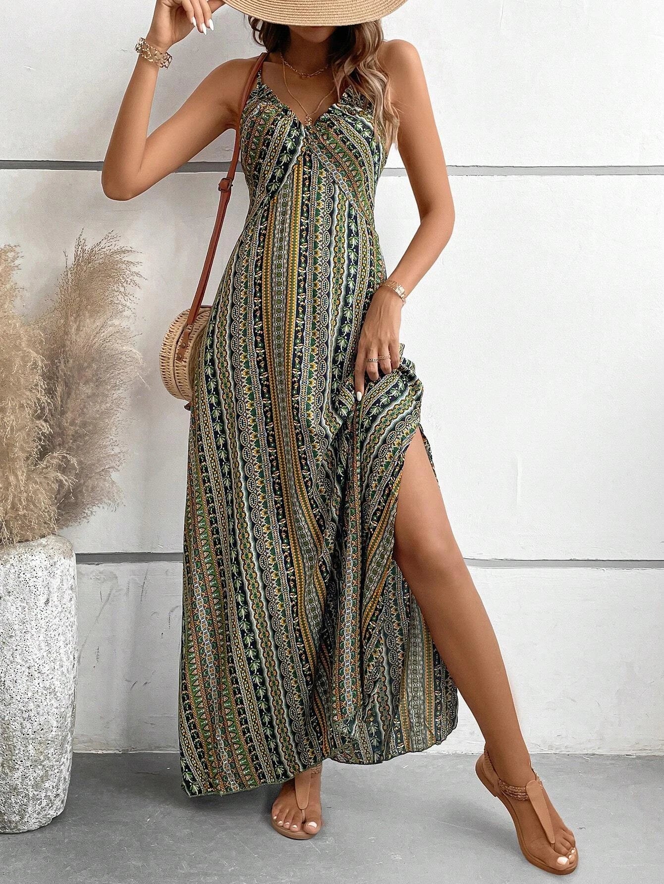 Women's Summer Ethnic Pattern Backless Split dress for Beach