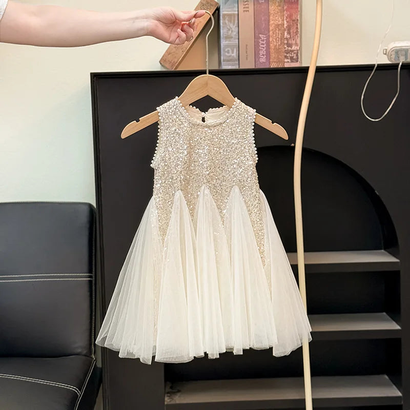 Sequined Puff Mesh Gown Kids Casual Dresses