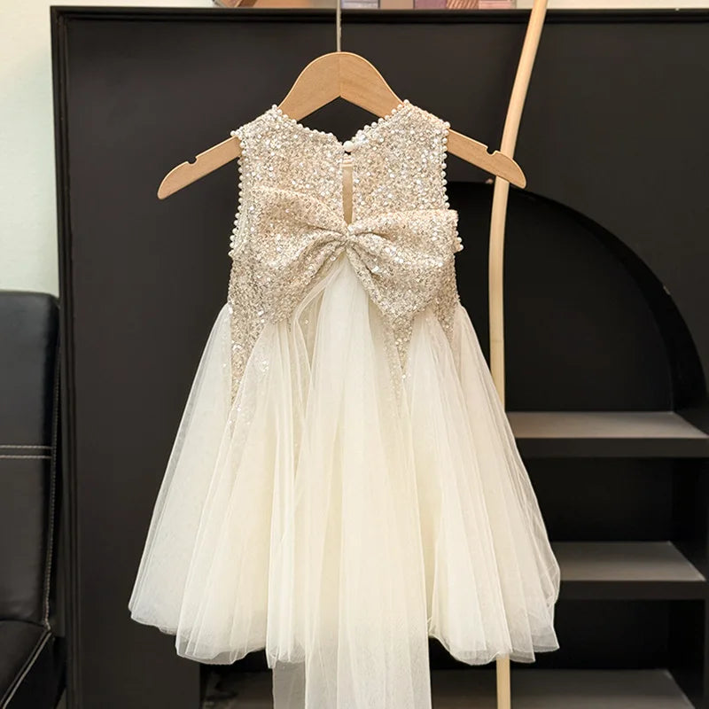 Sequined Puff Mesh Gown Kids Casual Dresses