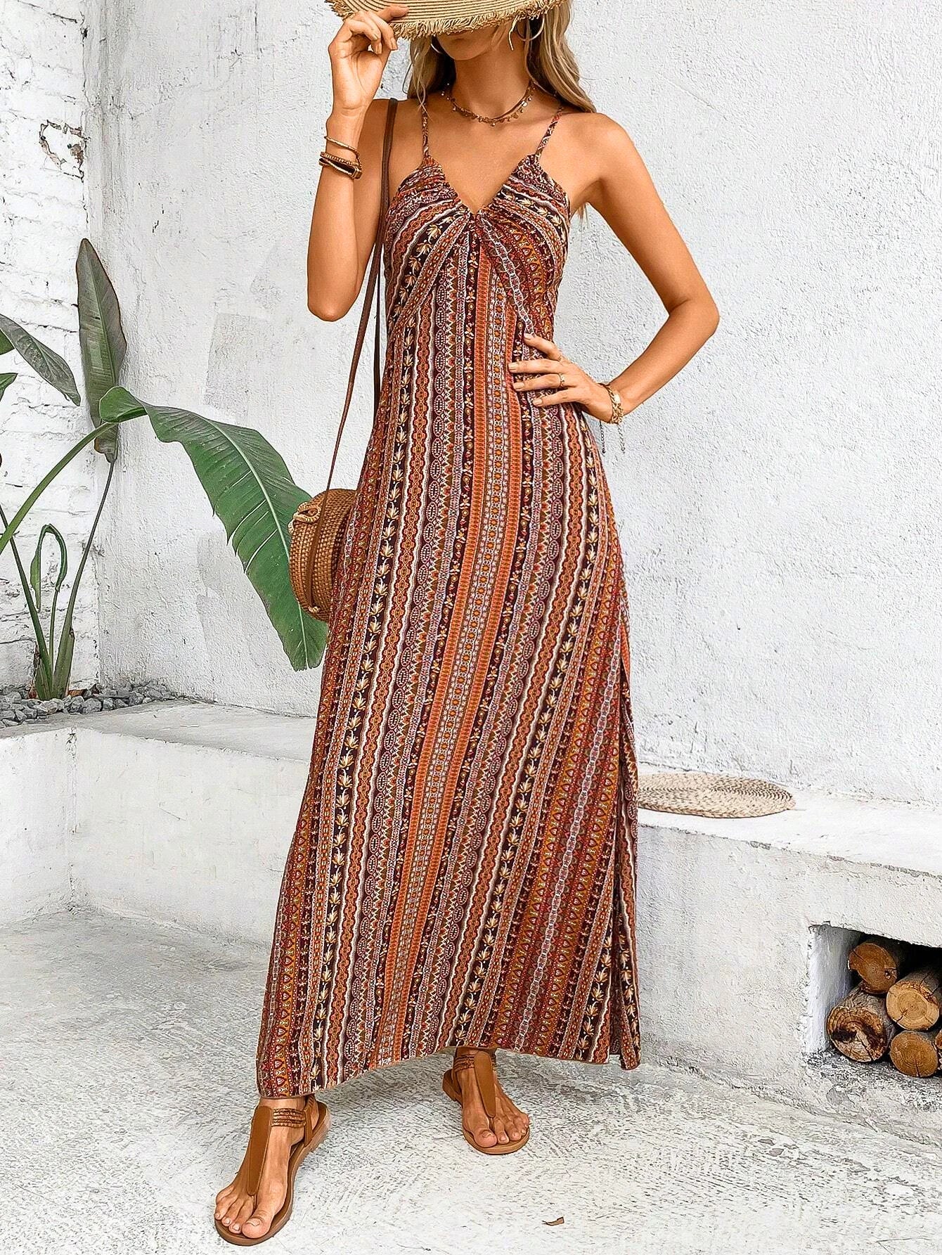 Women's Summer Ethnic Pattern Backless Split dress for Beach