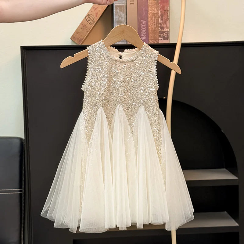 Sequined Puff Mesh Gown Kids Casual Dresses