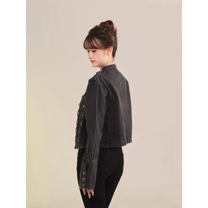 Retro Button Design Slim Stand-up Collar Long Sleeves Denim Jacket