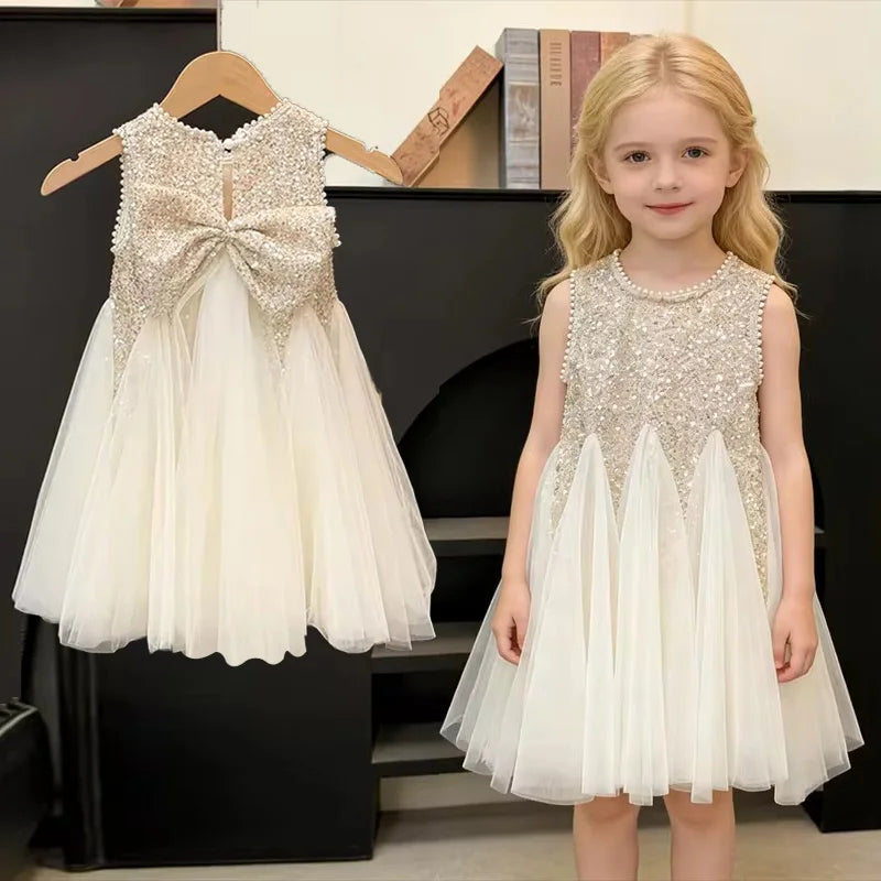 Sequined Puff Mesh Gown Kids Casual Dresses