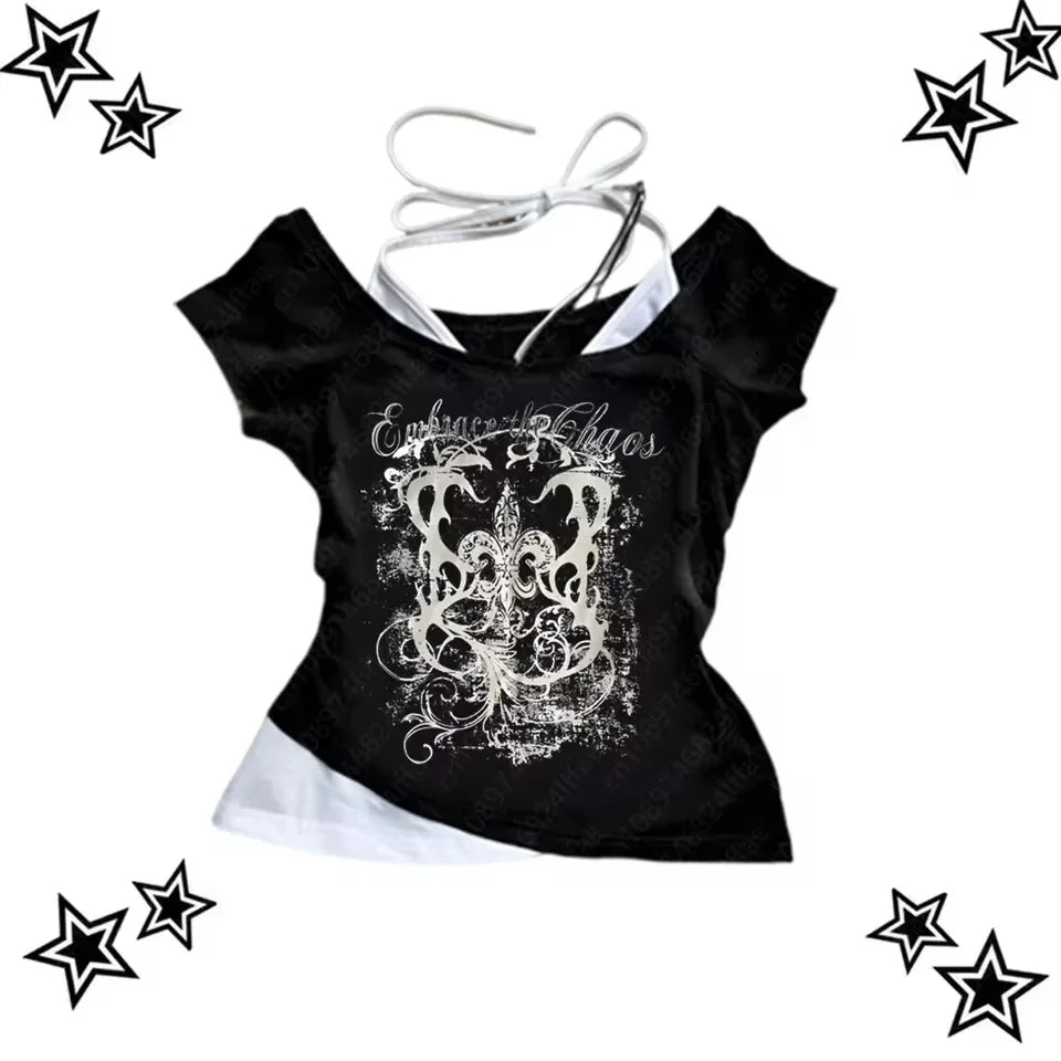 90s Vintage Punk Short Sleeve Gothic Slim Crop Top
