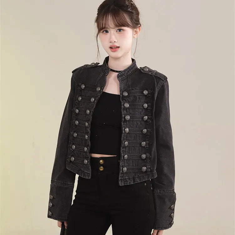 Retro Button Design Slim Stand-up Collar Long Sleeves Denim Jacket