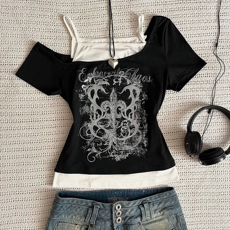 90s Vintage Punk Short Sleeve Gothic Slim Crop Top