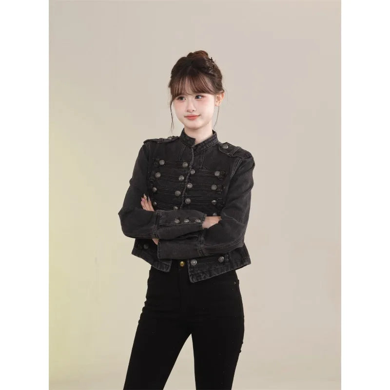 Retro Button Design Slim Stand-up Collar Long Sleeves Denim Jacket