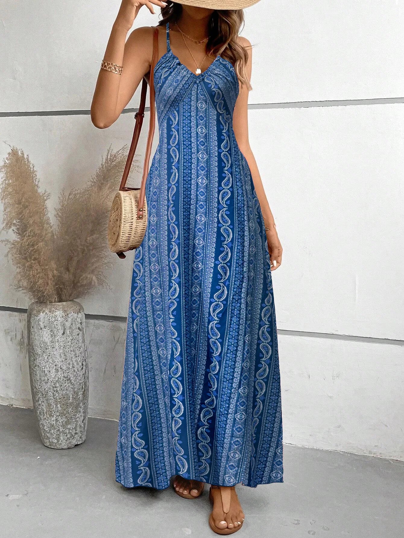 Women's Summer Ethnic Pattern Backless Split dress for Beach