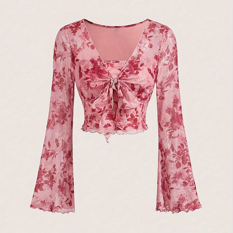 Summer Women's Y2k Floral Printed Sweet V-Neck T-shirts