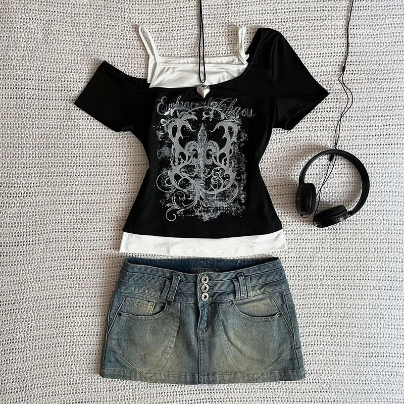 90s Vintage Punk Short Sleeve Gothic Slim Crop Top