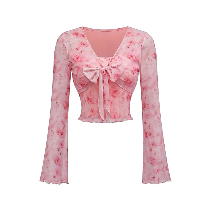 Summer Women's Y2k Floral Printed Sweet V-Neck T-shirts