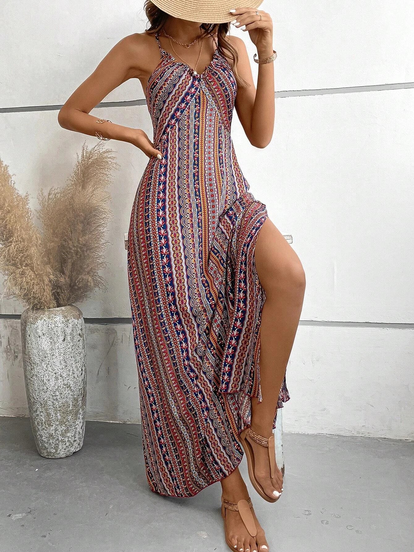 Women's Summer Ethnic Pattern Backless Split dress for Beach