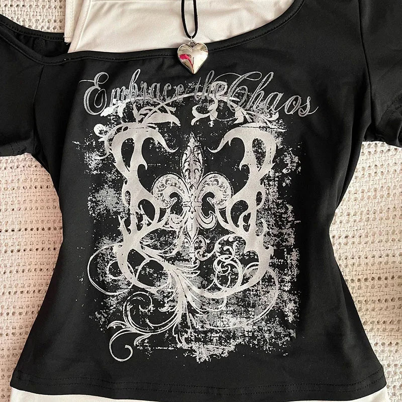 90s Vintage Punk Short Sleeve Gothic Slim Crop Top