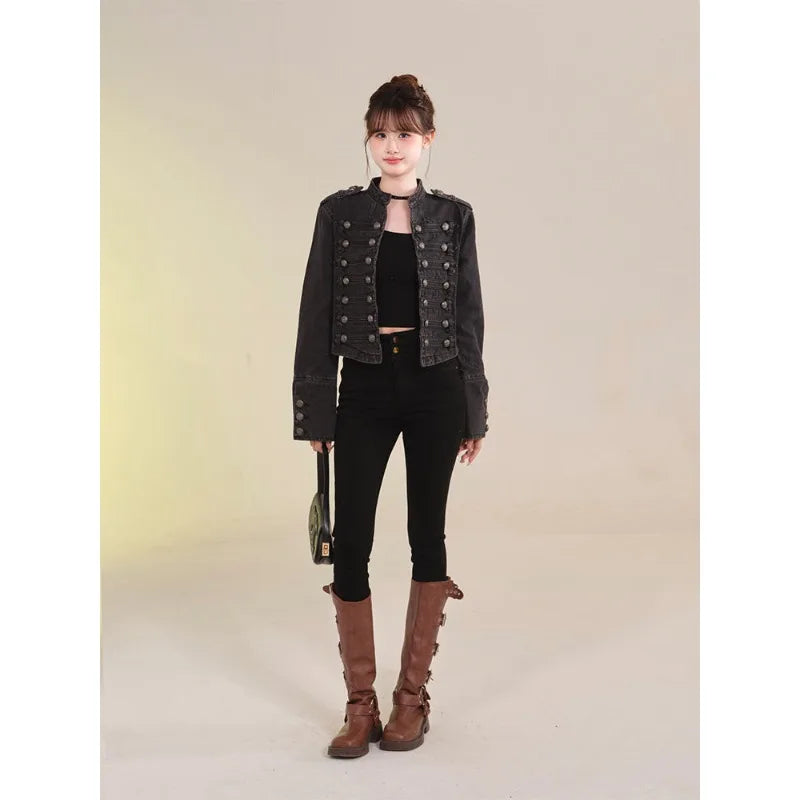 Retro Button Design Slim Stand-up Collar Long Sleeves Denim Jacket