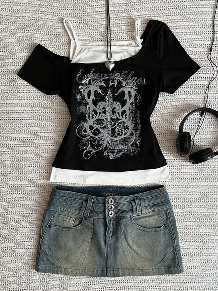 90s Vintage Punk Short Sleeve Gothic Slim Crop Top