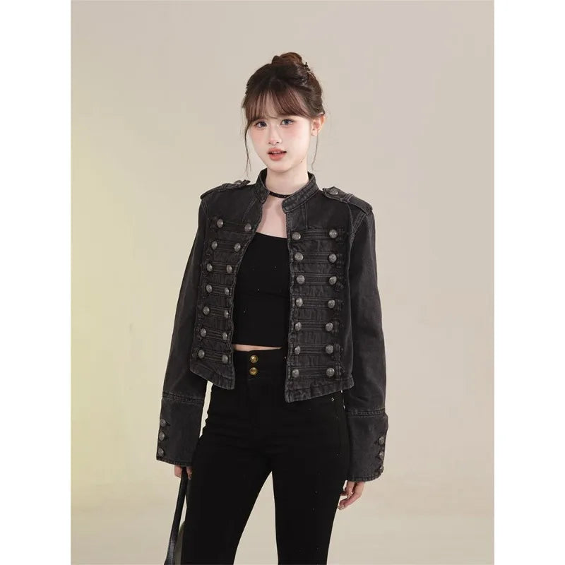 Retro Button Design Slim Stand-up Collar Long Sleeves Denim Jacket