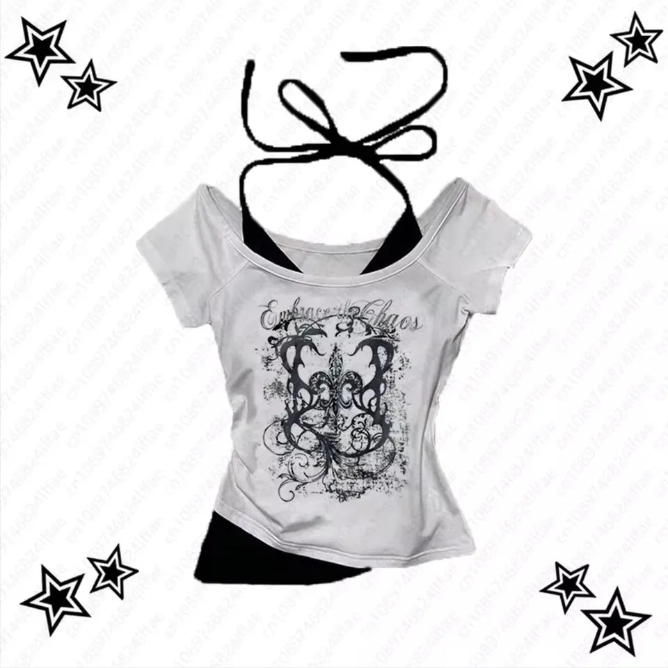 90s Vintage Punk Short Sleeve Gothic Slim Crop Top