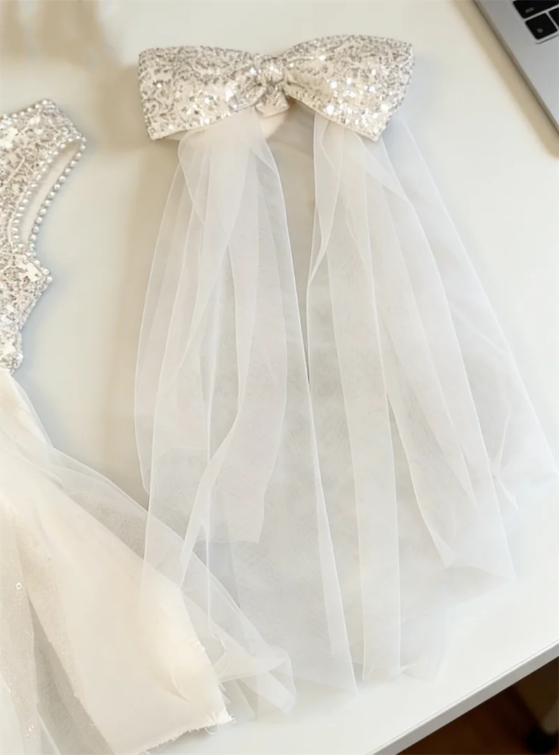 Sequined Puff Mesh Gown Kids Casual Dresses