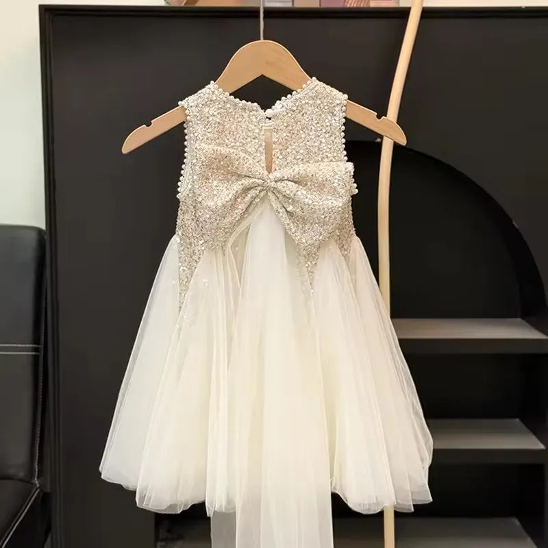 Sequined Puff Mesh Gown Kids Casual Dresses