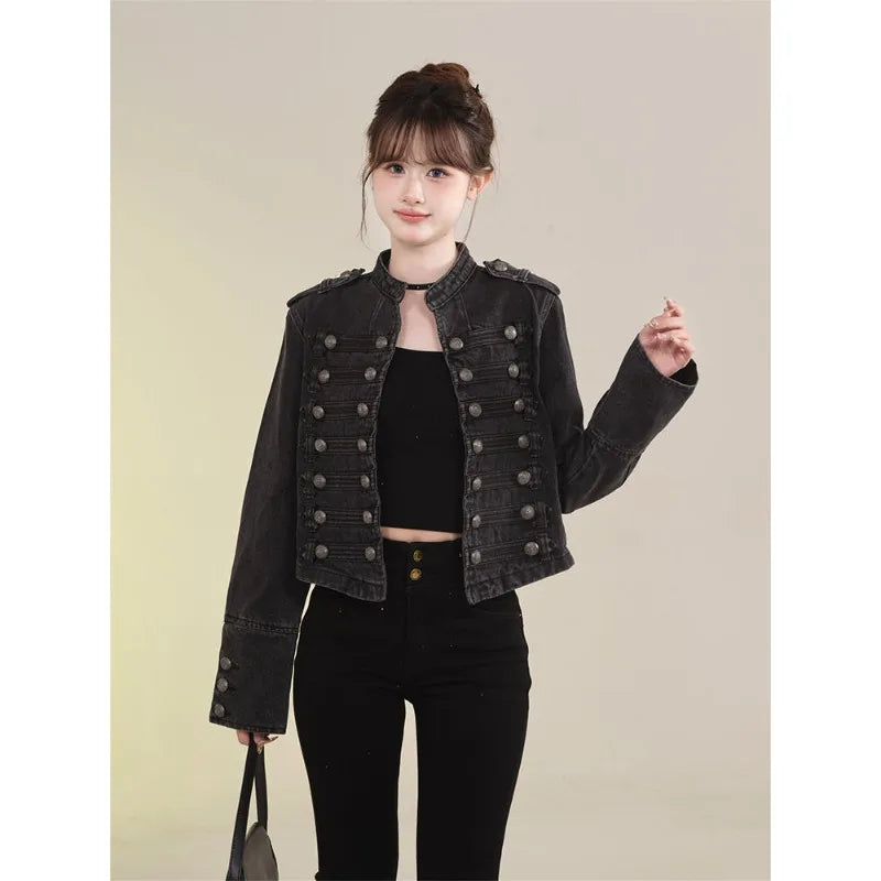 Retro Button Design Slim Stand-up Collar Long Sleeves Denim Jacket