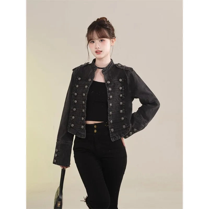 Retro Button Design Slim Stand-up Collar Long Sleeves Denim Jacket